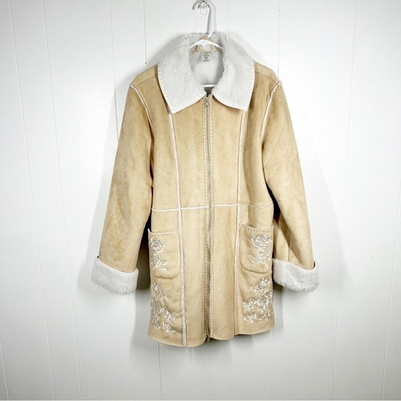 Faux Suede and Fur Zip Up Tan Coat with Floral Embroidery Large - Picture 1 of 7